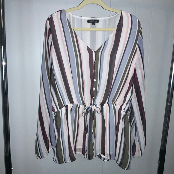 Lane Bryant striped chiffon Cinched Waist Blouse Size 16 V neck covered buttons - Picture 2 of 8